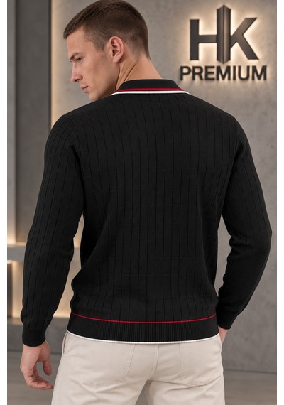 Hk Premium Erkek Fermuarlı Polo Yaka Sepet Dokulu Triko Kazak Siyah