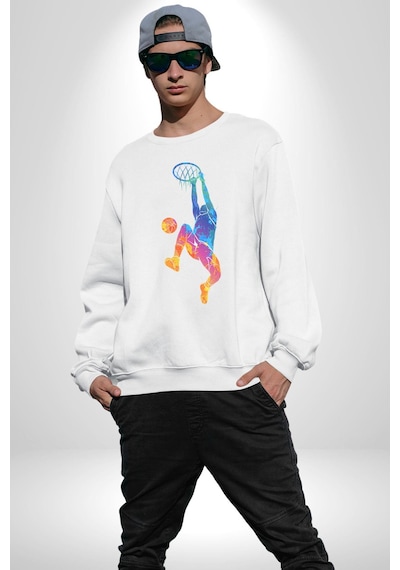 Smaç Basketbol Renkli Unisex Beyaz Baskılı Sweatshirt Beyaz