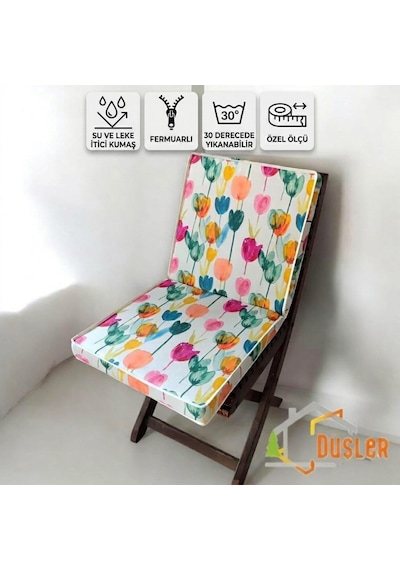 Tr 40x80 Rengarenk Lale Desenli Su Ve Leke İtici Duck Kumaş Fermuarlı Bağcıklı Biyeli Sandalye Minderi 5 Cm Genel