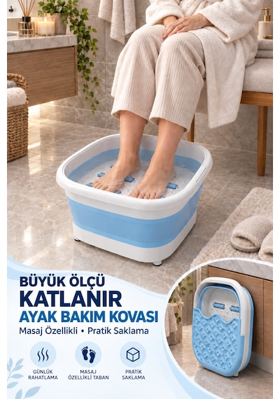 Büyük Boy Masaj Özellikli Katlanır Ayak Bakım Kovası Pedikür Leğeni Ayak Yıkama Küveti Mavi