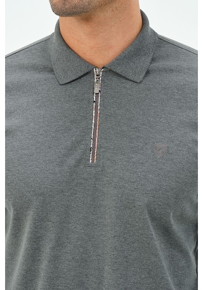 Fermuarlı Uzun Kollu Regular Fit Erkek Polo Yaka T-shirt Gri