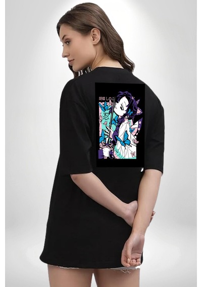 Shinobu Kocho Demon Slayer Siyah Oversize Unisex Ön Ve Sırt Baskılı Tişört Siyah