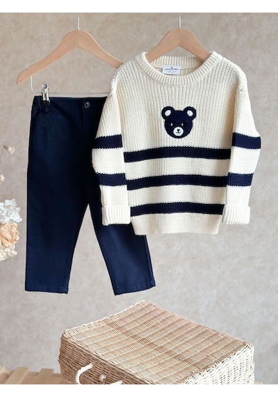 Miniğimin Cicileri Blue Bear Triko Pantolonlu Erkek Çocuk Takım - Krem