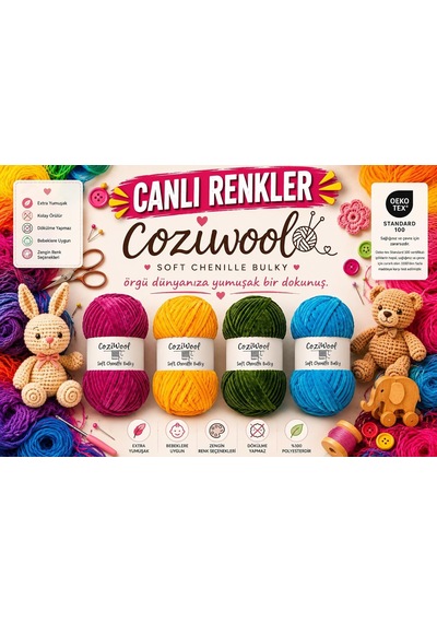 Kadife İp, 5'li Paket 5x100 Gr. 120 Mt., Soft Chenille Bulky%100 Mikro Polyester, Amigurumi, Oyuncak, Bebek Battaniyesi Diğer
