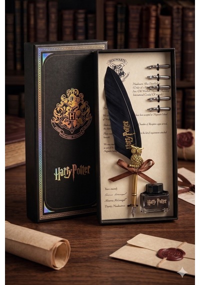 Harry Potter Baskılı Özel Tasarım Divit Hokka Seti Tüylü Divit Kalem Mürekkep Hediyelik Set Çok Renkli