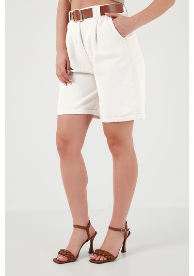 Lela Pamuklu Relaxed Fit Yüksel Bel Kemerli Gabardin Short Bayan Şort 668Yp4710 Beyaz