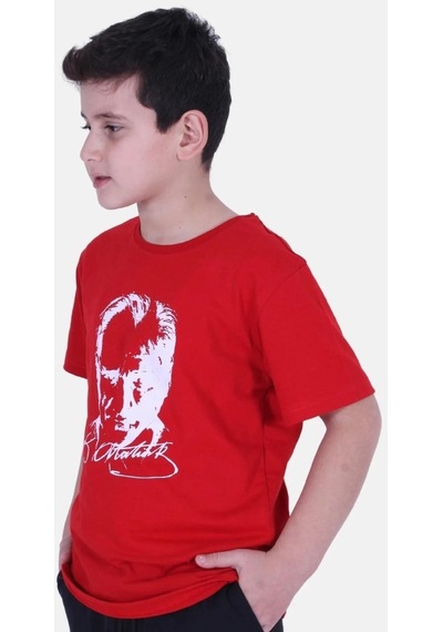 Markahit Atatürk Baskılı İmzalı Kırmızı Unisex Çocuk T-shırt-kırmızı Kırmızı