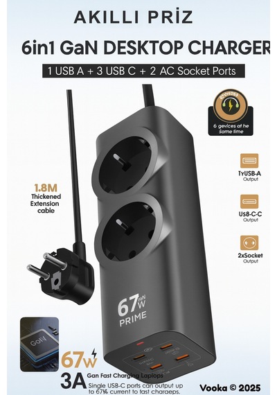 6in1 67w Gan Akıllı Priz 3a Hızlı Şarjlı Masaüstü Çoklu Şarj İstasyonu 3 Type-c + 1 Usb + 2 Acpriz