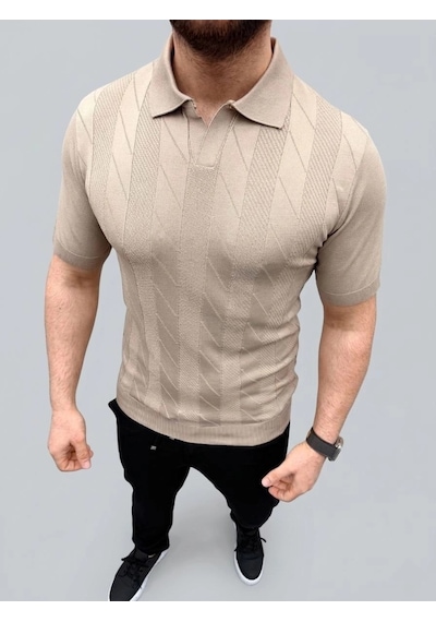 Erkek Yazlık Triko Dokuma Tişört Kısa Kol Polo Yaka T-shirt - Bej
