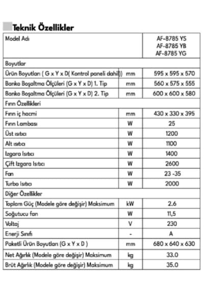 Vestel AF-8785 YG LightFry Teknolojili Ankastre Fırın