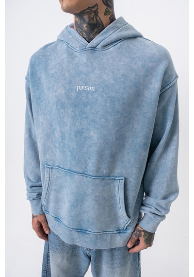 Respire Erkek Snake Baskılı Yıkamalı Kapüşonlu Oversize Hoodie Mavi