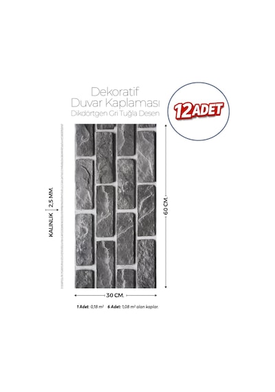30x60 Cm Kendinden Yapışkanlı Duvar,banyo,tezgah Arası Kaplama Gri Tuğladesen 12 Adet 30 X 60 Cm