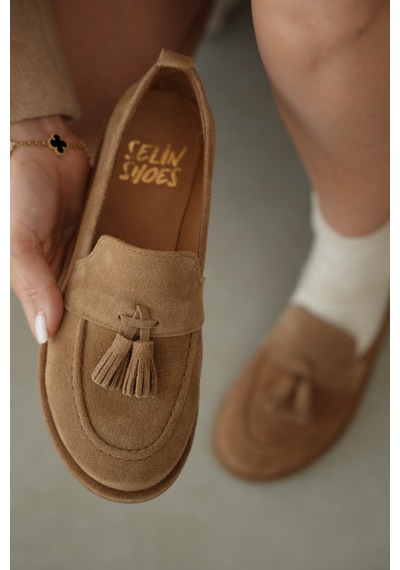 Selin Shoes Belluno Hakiki Deri Püsküllü Kadın Loafer- Vizon Süet