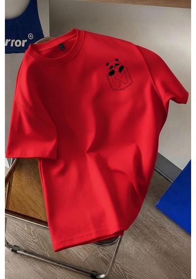 Cepte Panda Baskılı Oversize Unisex Pamuklu Tişört Battal Büyük Beden Tshirt Kirmizi