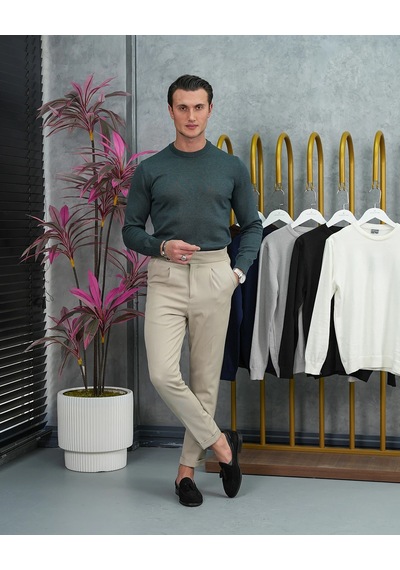 Modefendi Slim Fit Kalıp Pamuk Likra Sade Bisiklet Yaka Triko Kazak Yeşil