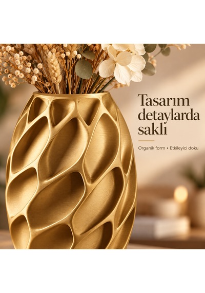 Yaprak Desenli Dekoratif Vazo 20 Cm Kuru Ve Yapay Çiçek Vazosu Altın