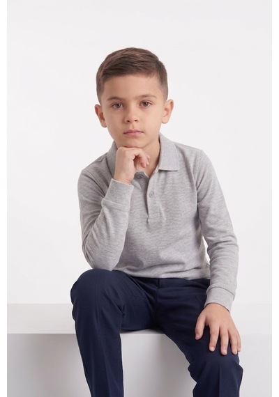 Nacar Store Unisex Çocuk Uzun Kollu Polo Yaka Lakost Okul Tişörtü Gri