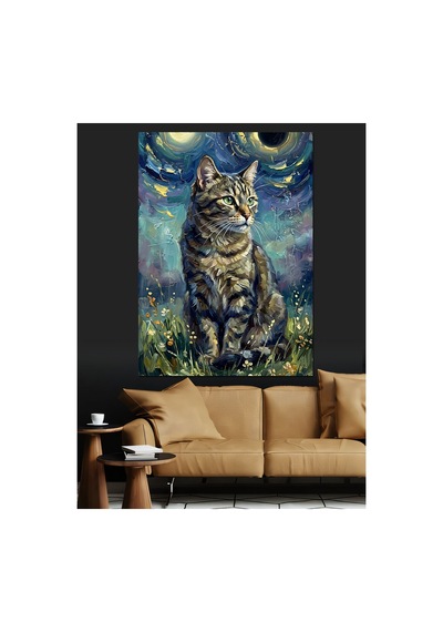 Yıldızlı Gece Altında Sanatsal Kedi Yağlı Boya Dokulu Kanvas Tablo Canvas Tablosu