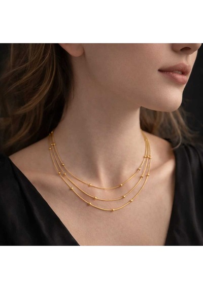 Altın Renk Boncuk Detaylı Çoklu Zincir Kolye Gold