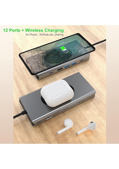 Yerleştirme İstasyonu Usb C Hub 13'ü 1 Arada Kablosuz Şarj İstasyonu, Usb C - Hdmı, Ethernet, Vga, 5 Usb Ve Sd/tf,
