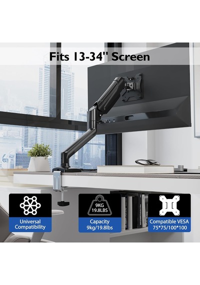 13-32 İnç Gazlı Amortisörlü Tekli Monitör Kolu, 9 Kg A Kadar, Tam Hareketli, Vesa 75x75/100x100