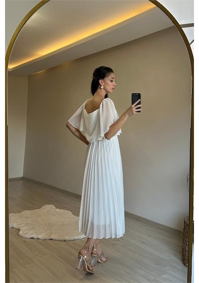 Neşeli Butik Kadın Omzu Açık Piliseli Midi Şifon Elbise Nm006 Beyaz