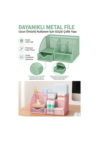 Yeşil Masaüstü Metal Kalemlik Seti 7 Bölmeli Fileli Masa Üstü Düzenleyici Küp Notluk Ataşlık Çekmeceli Perfore Büro