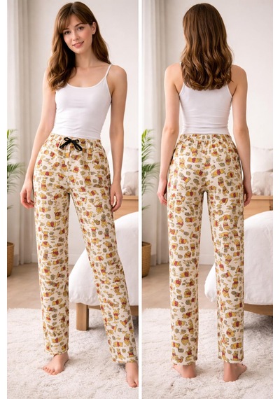 Kadın Desenli Pijama Altı Rahat Kesim Lastikli Ev Giyim Pantolonu Krem