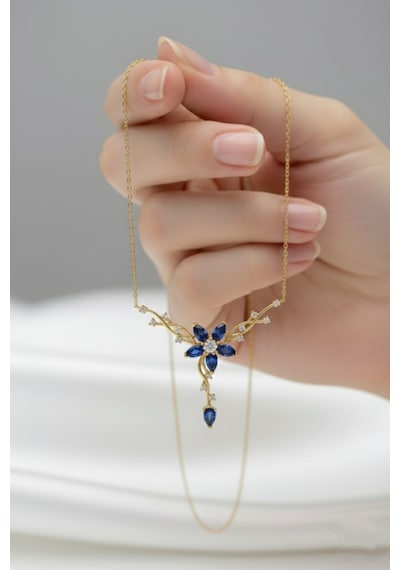 Çekirdekjewelry 925 Ayar Gümüş Safir Taşlı Sarmaşık Kolye Sarı