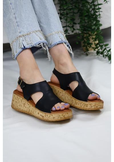 Asmi Shoes Kadın Elena Mantar Taban Ortopedik Sandelet Siyah Siyah