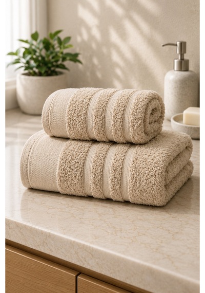 Ayla 2'li Havlu Seti 70x140 Banyo Havlusu + 50x90 Baş Havlusu, Yumuşak Dokulu, Yüksek Su Emici Bej