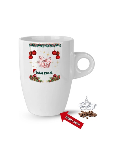 Yılbaşı Hediyesi Mutlu Yıllar Christmas İsimli Baskılı Porselen Latte Kupa Bardak Beyaz Beyaz