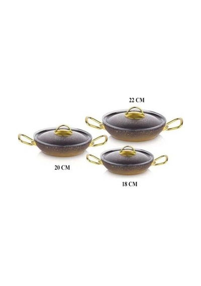 Oms Gold Serisi 6 Parça Granit Sahan Seti Cam Kapaklı 18-20-22 Cm Pfoa İçermez Gold