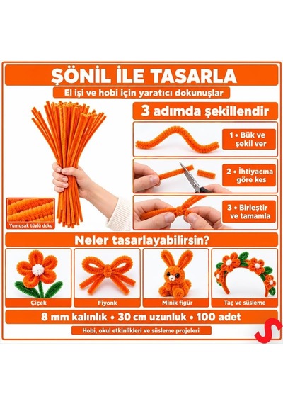 Şönil Çubuk 8 Mm Kalınlık 30 Cm Uzunluk, 100 Adet - Turuncu
