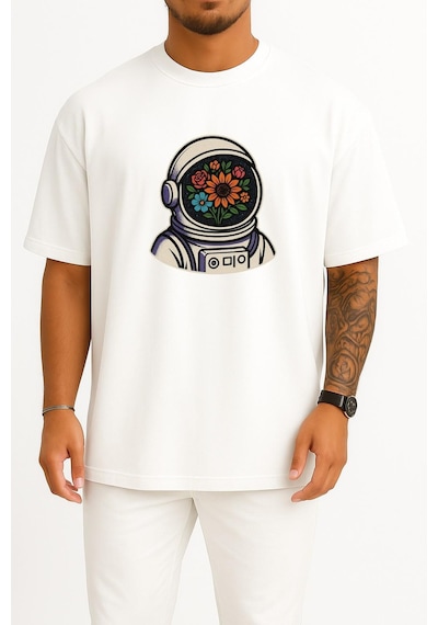 Bahriyeli Collection Oversize Stronot Çiçek Kask Space Bloom Göğüs Tasarımlı Unisex T-shirt Beyaz