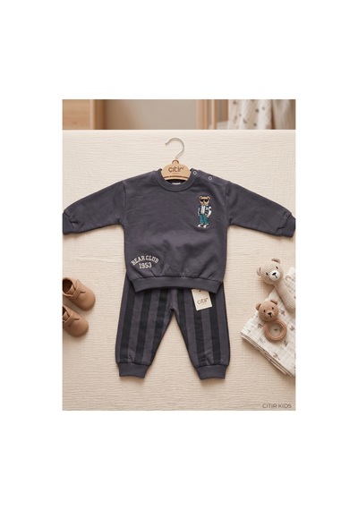 Çıtırkids Erkek Bebek Ayıcık Nakışlı Çizgili İki İplik Pamuklu Sweatshirt Alt Üst Takım Lacivert