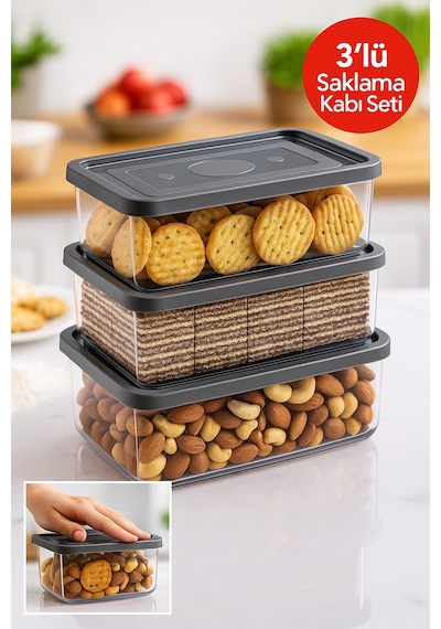 3 Lü Dikdörtgen Trio Saklama Kabı Seti 0.70l 1.0l 1.5l Gri Kapak Diğer