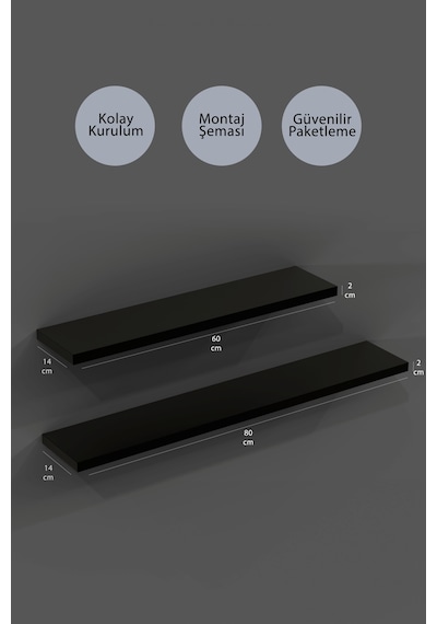 Yankı-BYEG 2li 60 cm 80 cm Siyah Mdf Duvar Rafı Gizli Bağlantı Kitaplık