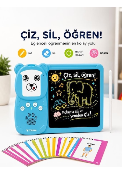 İngilizce Sesli Erken Eğitim Çocuk Tableti 8 İnç Lcd Çizim Tahtası 112 Çift Taraflı Kartlı Y5 Mavi
