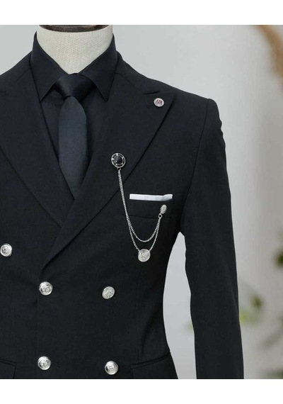 Beystil Sivri Yaka Siyah Kruvaze Takım Elbise Nikol036- Slim Fit Siyah