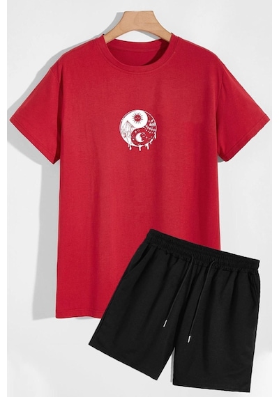 Uyguntarz Ying Yang Şort T-shirt Eşofman Takımı Kırmızı