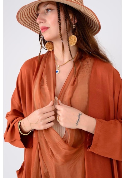 Bohem Stil Italyan Ipek Detaylı Oversize Kap Bluz- Wes Pantolon Takım-8789 Kiremit