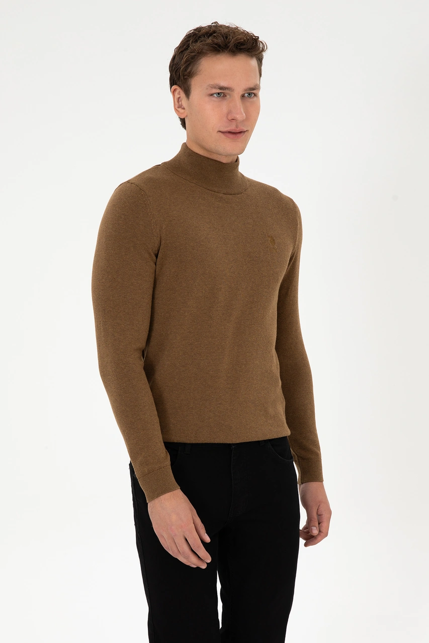 U.S. Polo Assn. Erkek Slim Fit Yarım Balıkçı Yaka Haki Melanj Basic Kazak 50307783-VR125