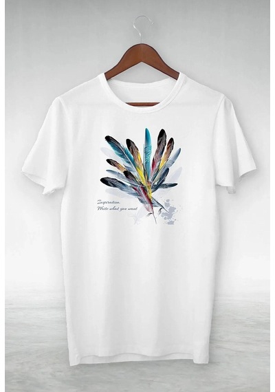 Beyaz Kadın Oversize Tüy Baskılı T-shirt BEYAZ