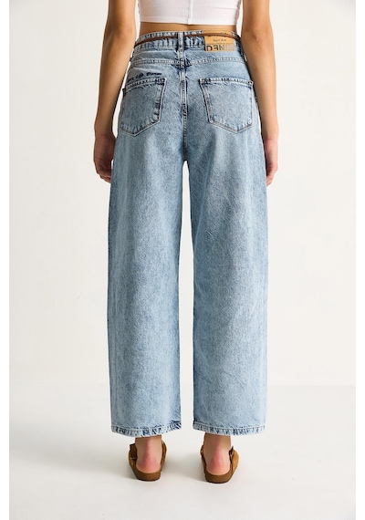 Shade Kadın Geniş Paça Yüksek Bel Deri İp Kemerli Denim Pantolon 5288 60284109 - Kar Yıkama