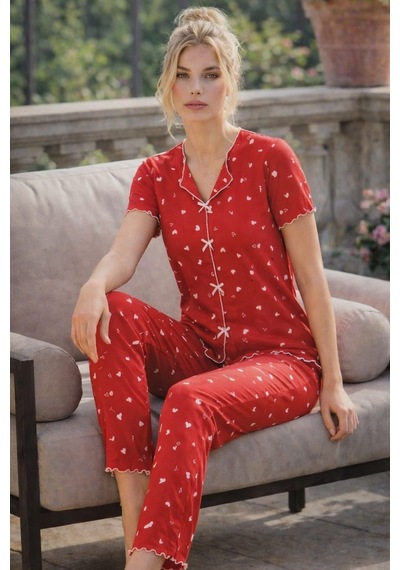 Kadın 01599 Kısa Kol Kaşkorse Pijama Takımı Kırmızı