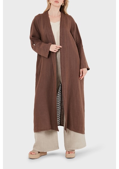 Via Dante % 100 Keten Dantel Ve Brode İşleme Detaylı Kimono Bayan Kimono 7183609 Kahve