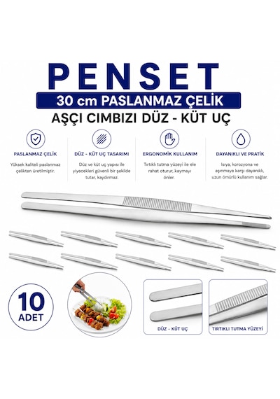 Penset 30 Cm Paslanmaz Çelik - Aşçı Cımbızı Düz-küt Uç 10 Adet