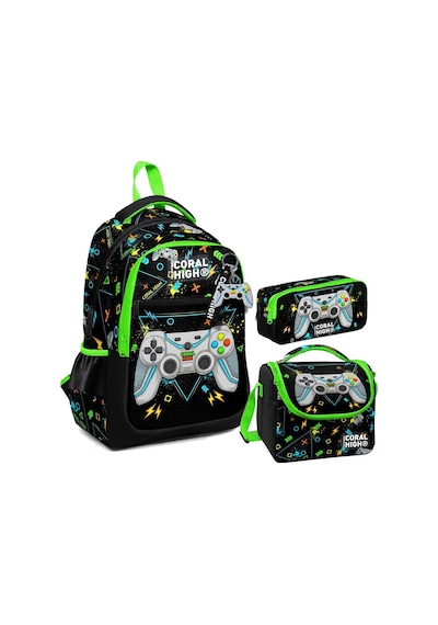 Coral High Erkek Çocuk Üç Gözlü İlkokul Çanta Seti - Siyah Fosforlu Yeşil Gamer Desenli