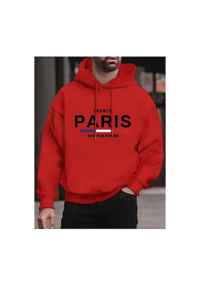 Herkesemoda Paris Yazı Detaylı İçi Polarlı Kapüşonlu Sweatshirt Kırmızı
